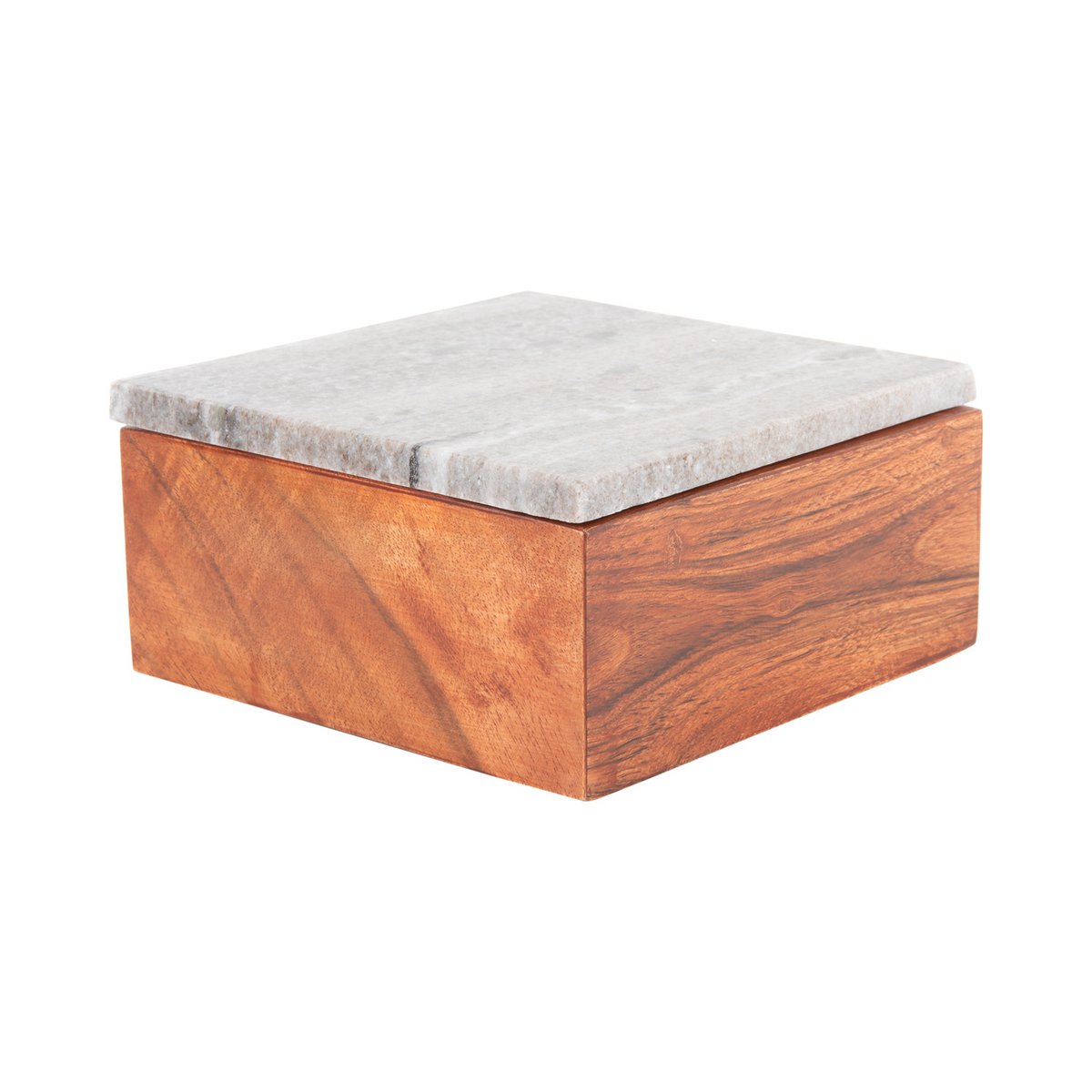 Boîte de rangement Acacia ouverte, montrant l'intérieur en bois