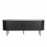 Lowboard noir avec design minimaliste et portes coulissantes