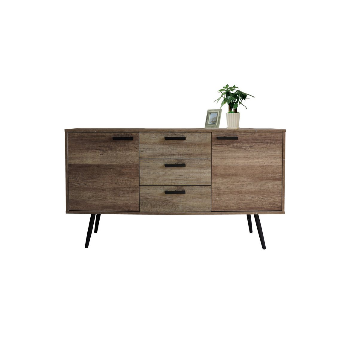 Buffet scandinave en bois et métal avec portes fermées