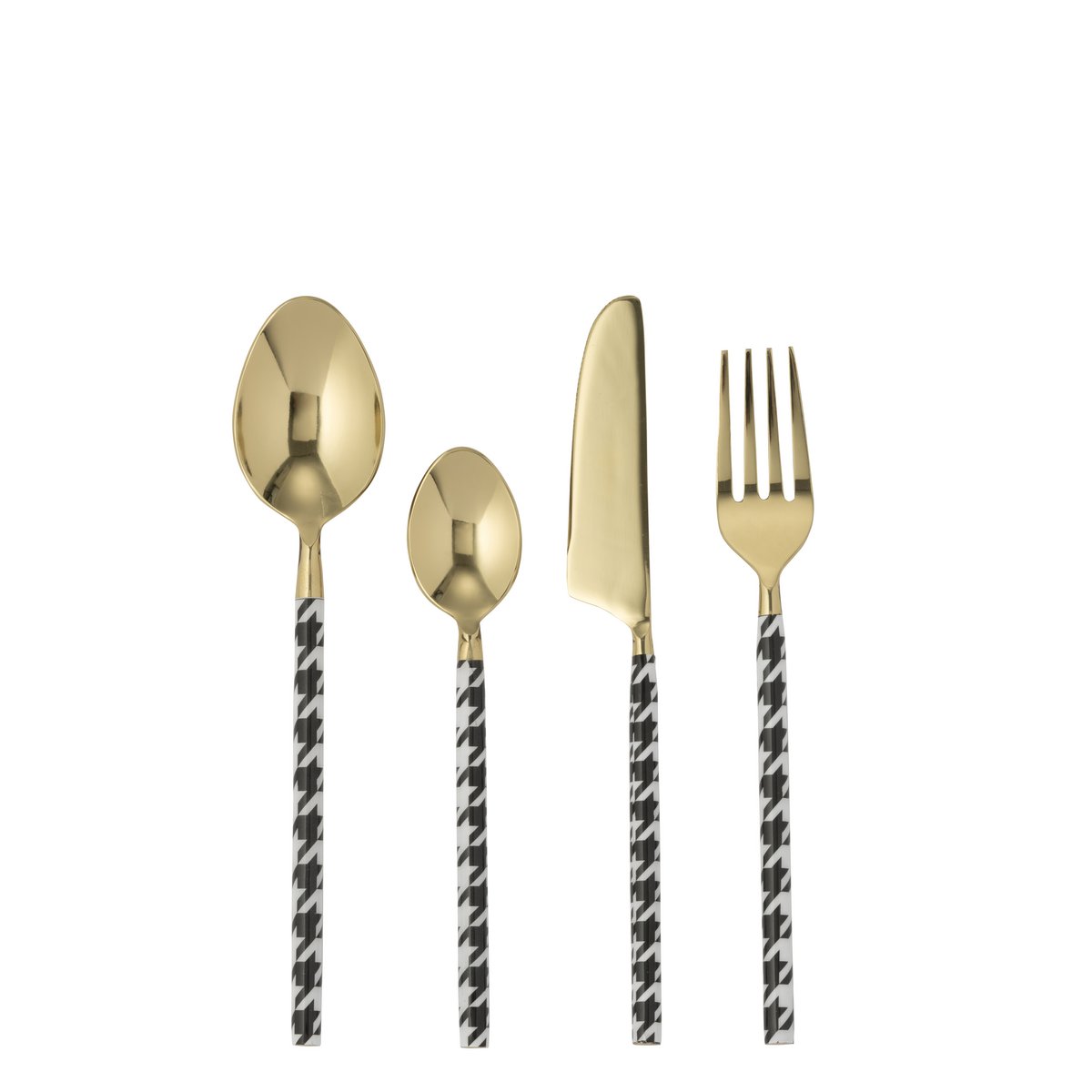 Couverts J-Line Pied-Poule dorés, mise en scène dans un cadre contemporain