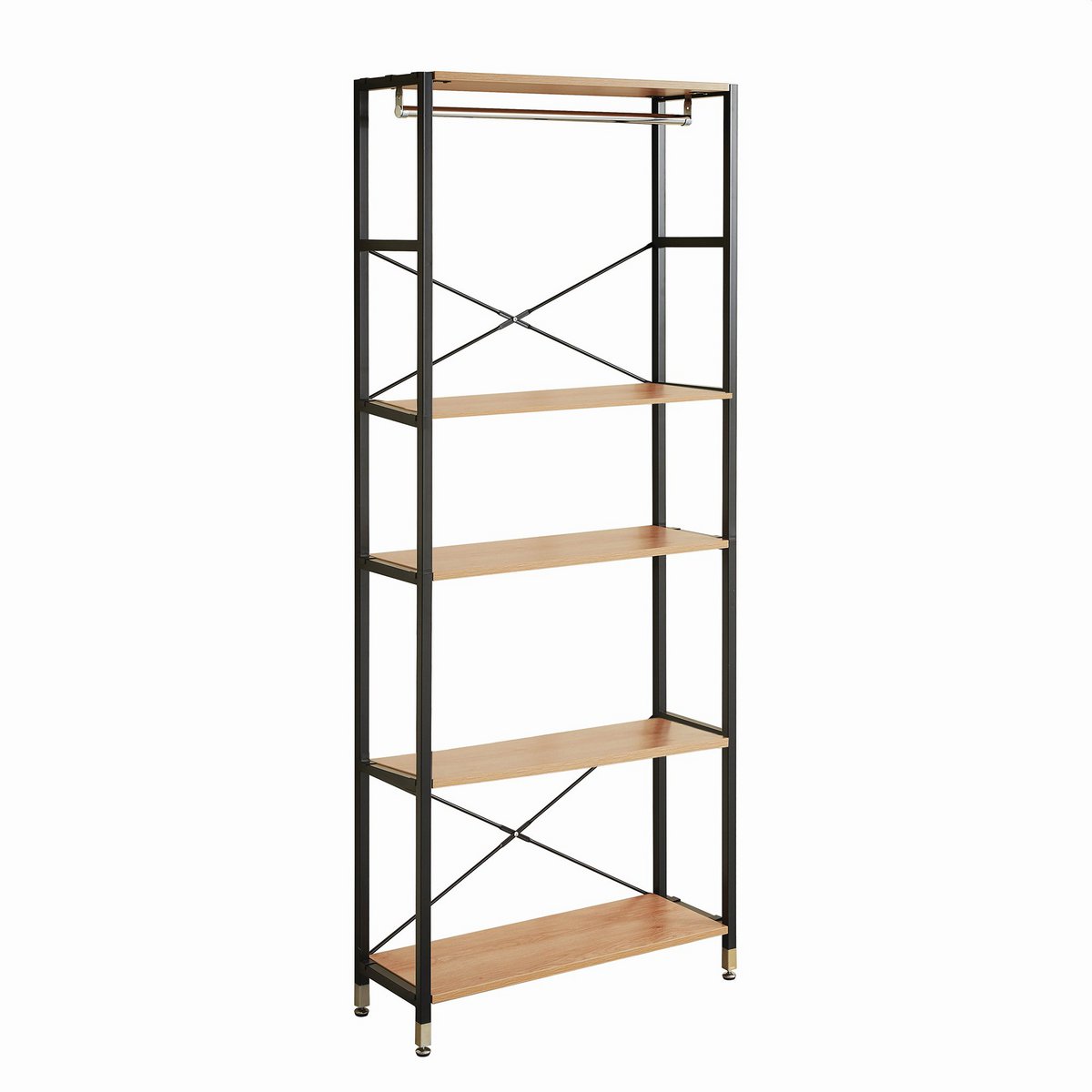 Vue de profil de l'étagère en métal noir et MDF