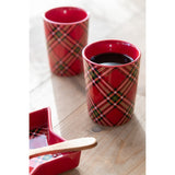 Détail du motif plaid sur la tasse J-Line rouge