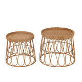 J-Line Lot de 2 Tables Rondes Rotin/Contreplaqué Naturel