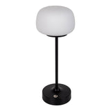 Batterie à LED / lampe de table "Pina" de 30 cm de haut, en métal (noir) et en verre (blanc), LED intégrés, blanc chaud