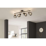 4er spot plafonnier "Fumoso", plafonnier en métal et verre fumée en noir, avec socket e14, pour salle à manger, salon, couloir ou bureau, 80 x 20 cm