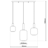 3 Pendant lampe "Fumo", suspension en métal et en verre en noir, avec une douille E14, pour salle à manger, salon, couloir ou bureau, lampe suspendue de 82 cm de long