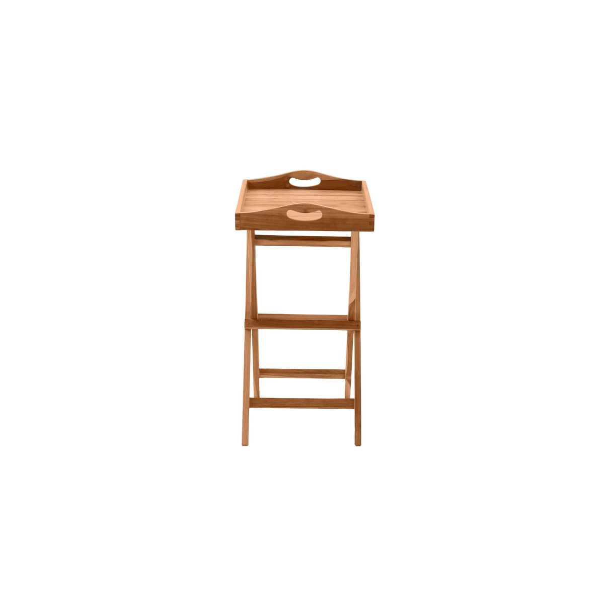 Desserte en teck utilisée comme table d'appoint dans un jardin