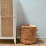 Grand panier à linge avec couvercle Ø54 cm AMAN en Jacinthe d'Eau | Panier de rangement tissé | Panier rond | Grand panier | Panier a linge