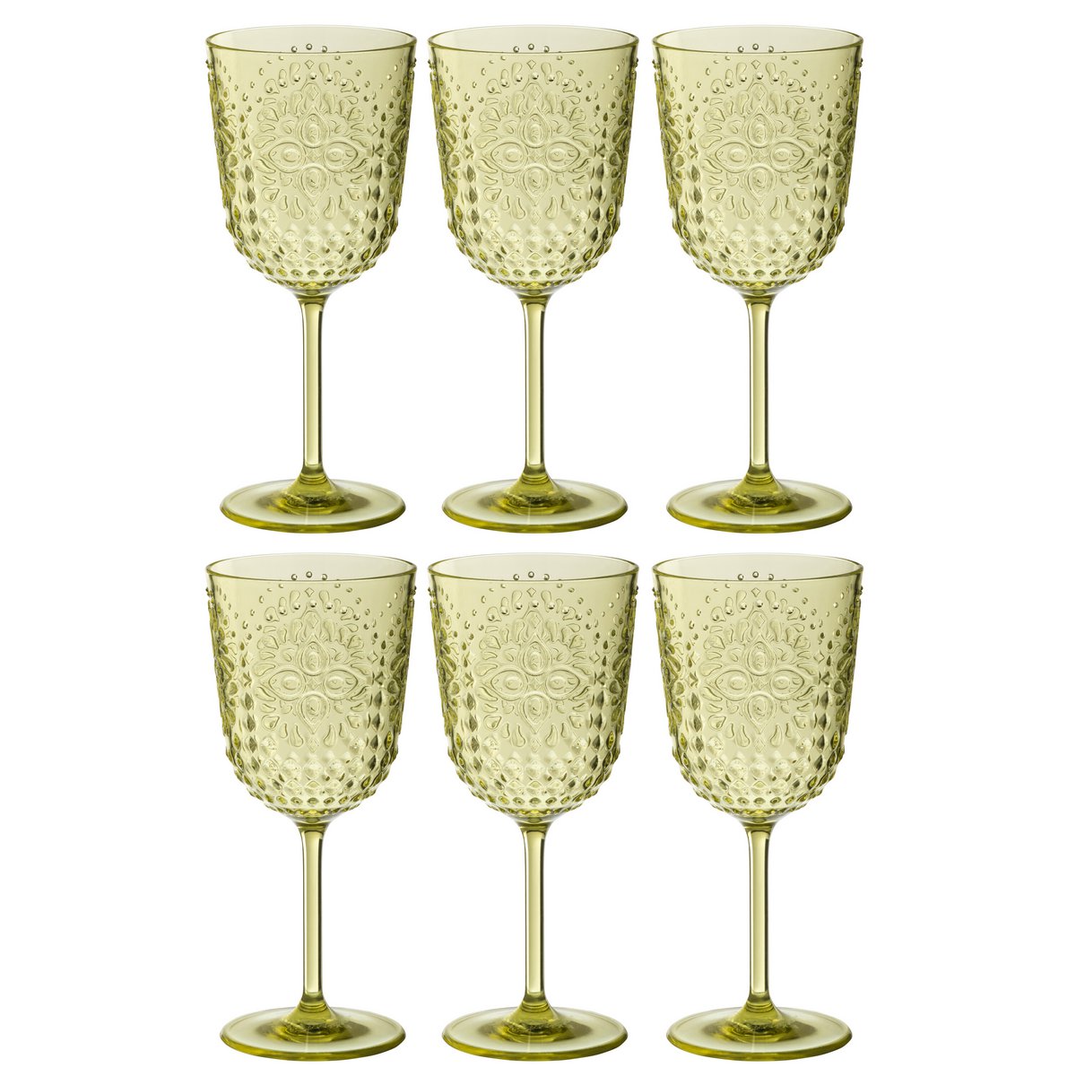 Détails des verres à vin en plastique vert J-Line sur une table