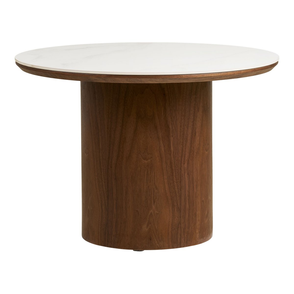 Vue de dessus de la table basse Noli montrant le contraste céramique-frêne