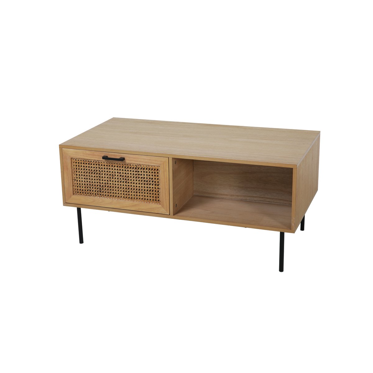 Table basse avec tiroir en rotin et compartiment ouvert