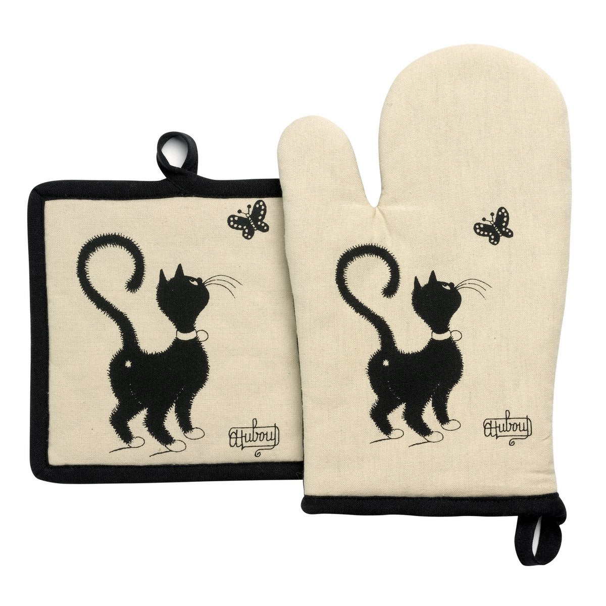 Gant de cuisine et manique Dubout avec motif chat papillon beige