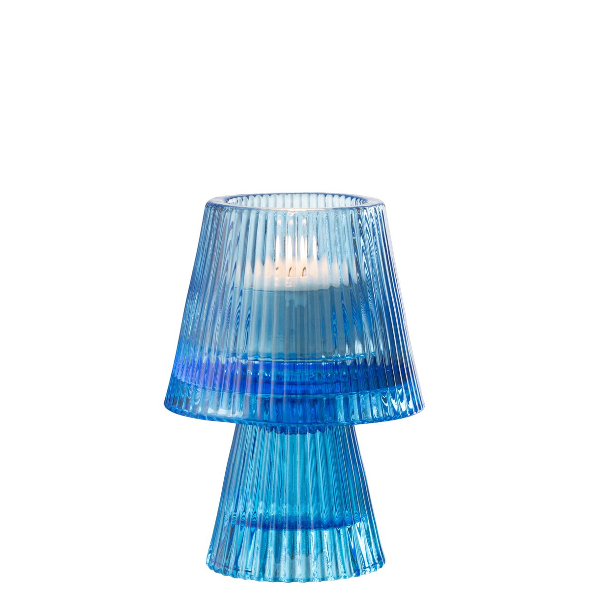 Photophore J-Line Hat en verre bleu, élégant et moderne.