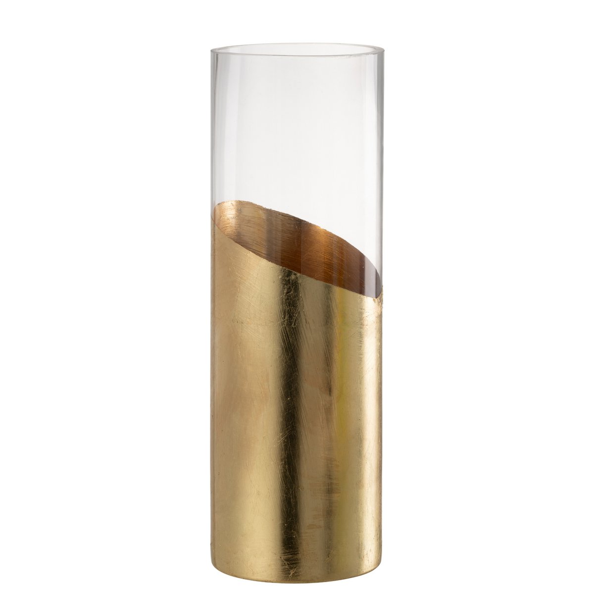 Lanterne J-Line Moa en verre transparent et or, vue de face.