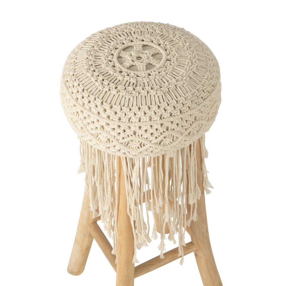 Détail du macramé blanc de la chaise de bar J-Line.