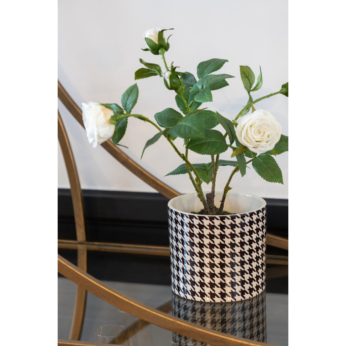 Pot de fleur J-Line Pied-De-Poule en céramique blanc et noir, vue de face