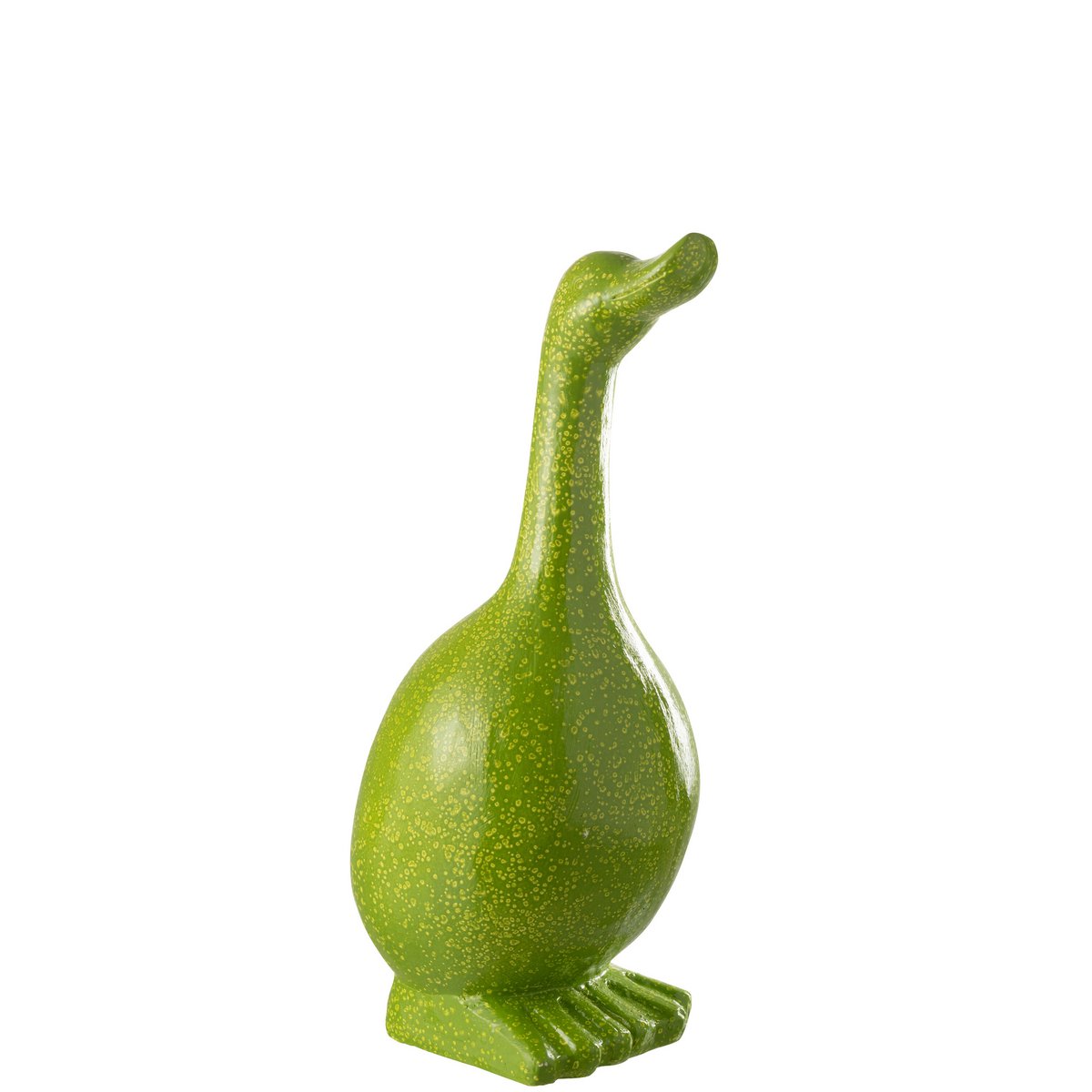 Figurine J-Line Goose Outdoor en plastique vert, mise en scène dans un jardin.