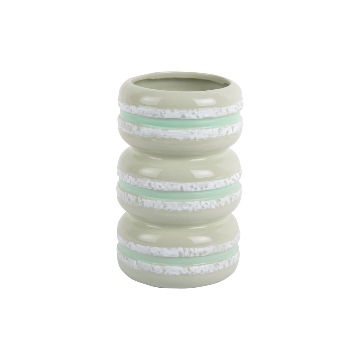 Vase Macaron vert en céramique, vue de face avec détails des macarons empilés