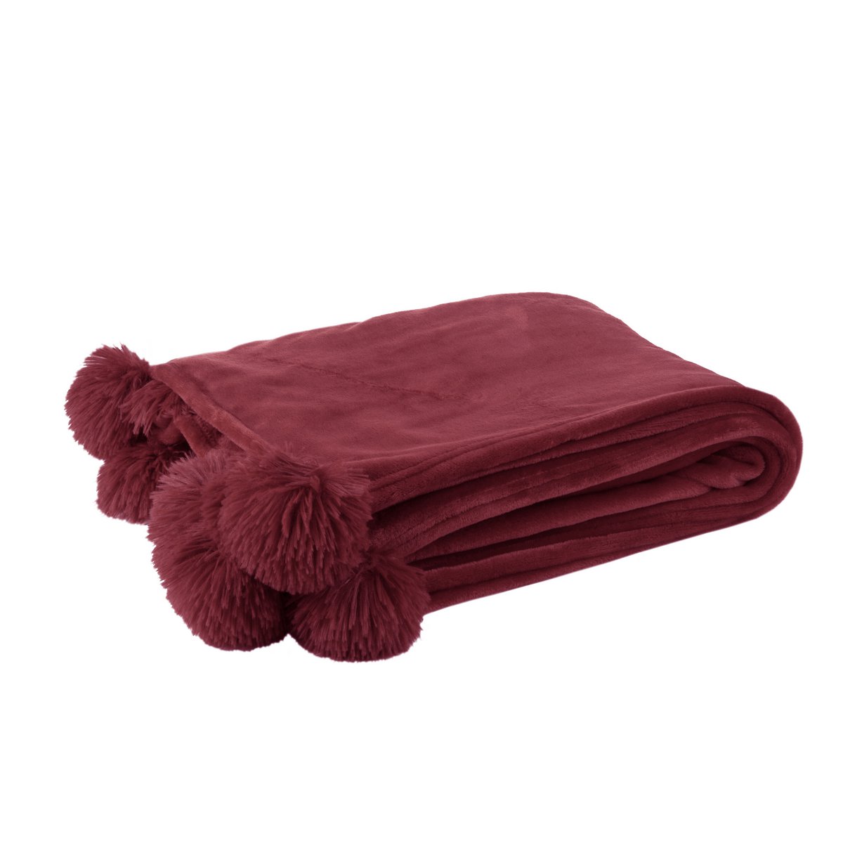 Plaid pompon bordeaux J-Line sur un canapé moderne
