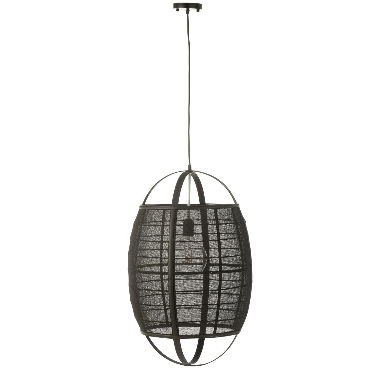 Détail de la lampe suspendue Ion, mettant en avant les matériaux en lin et bambou