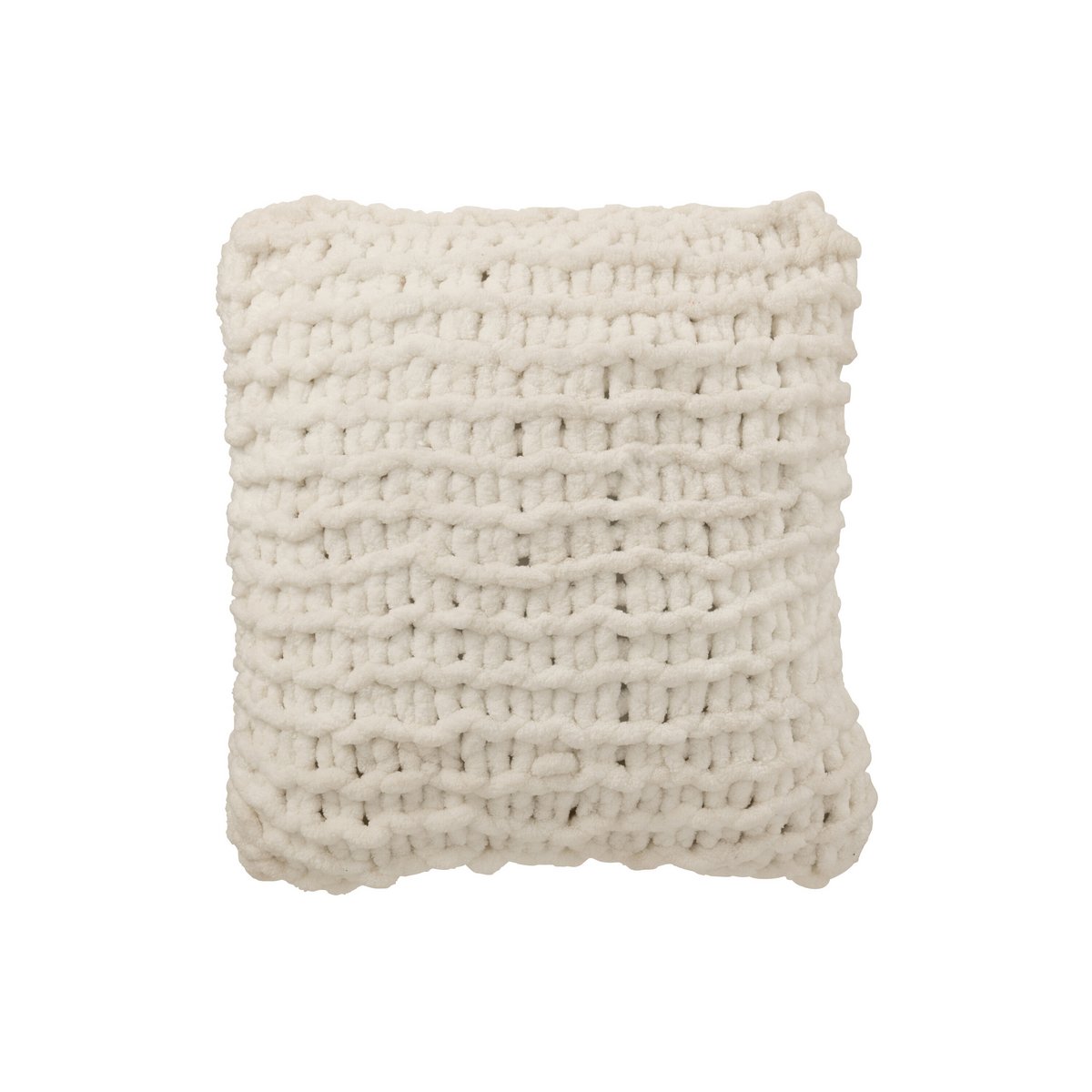 Coussin J-Line tricoté blanc posé sur un lit contemporain
