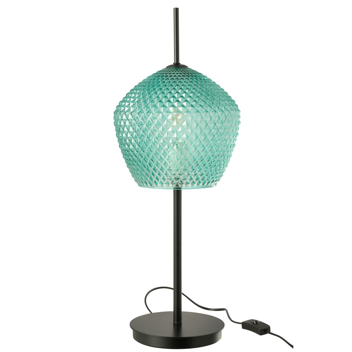 Vue latérale de la lampe J-Line en verre vert, mettant en avant sa hauteur