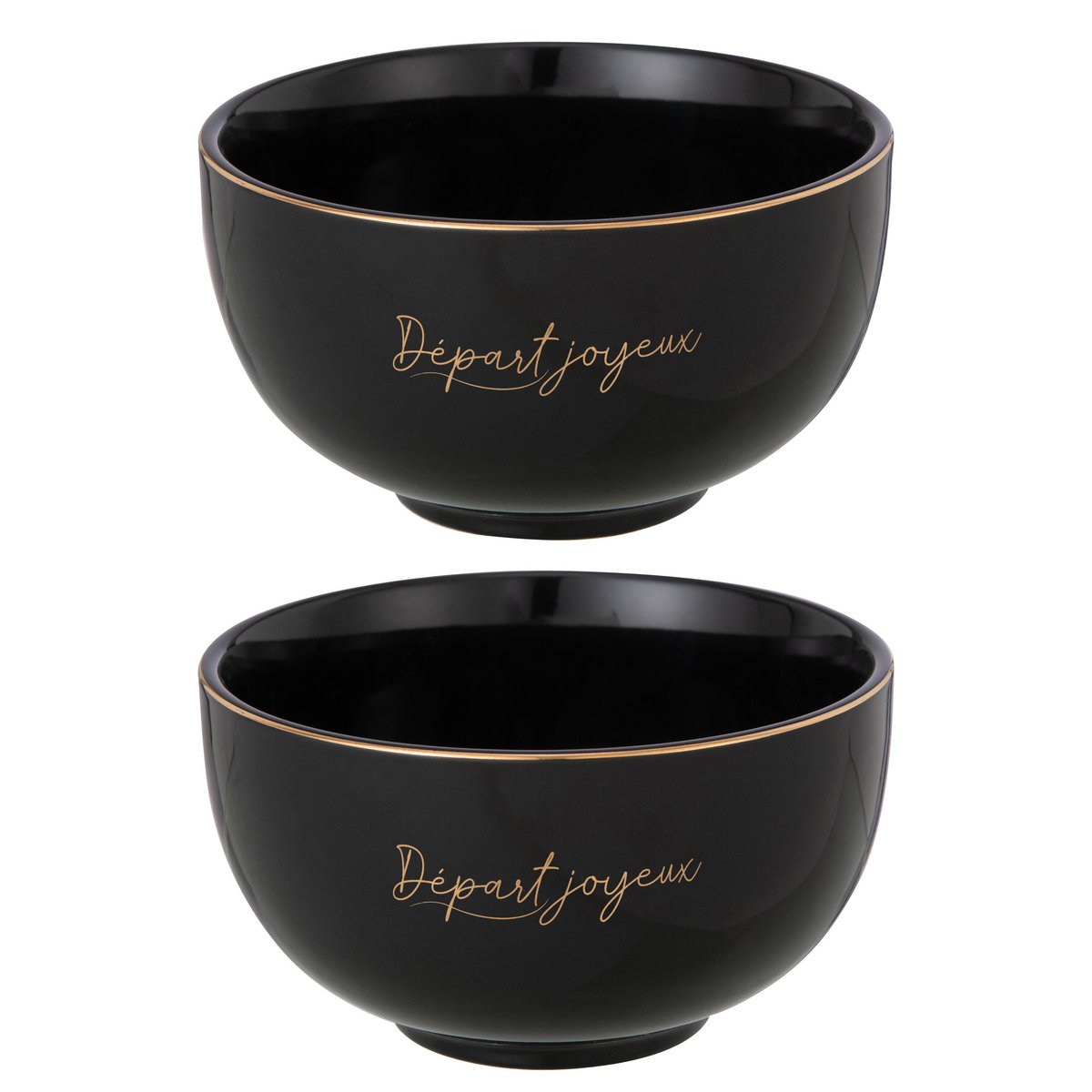 Bol J-Line Départ Joyeux en porcelaine noir et or, vue de face