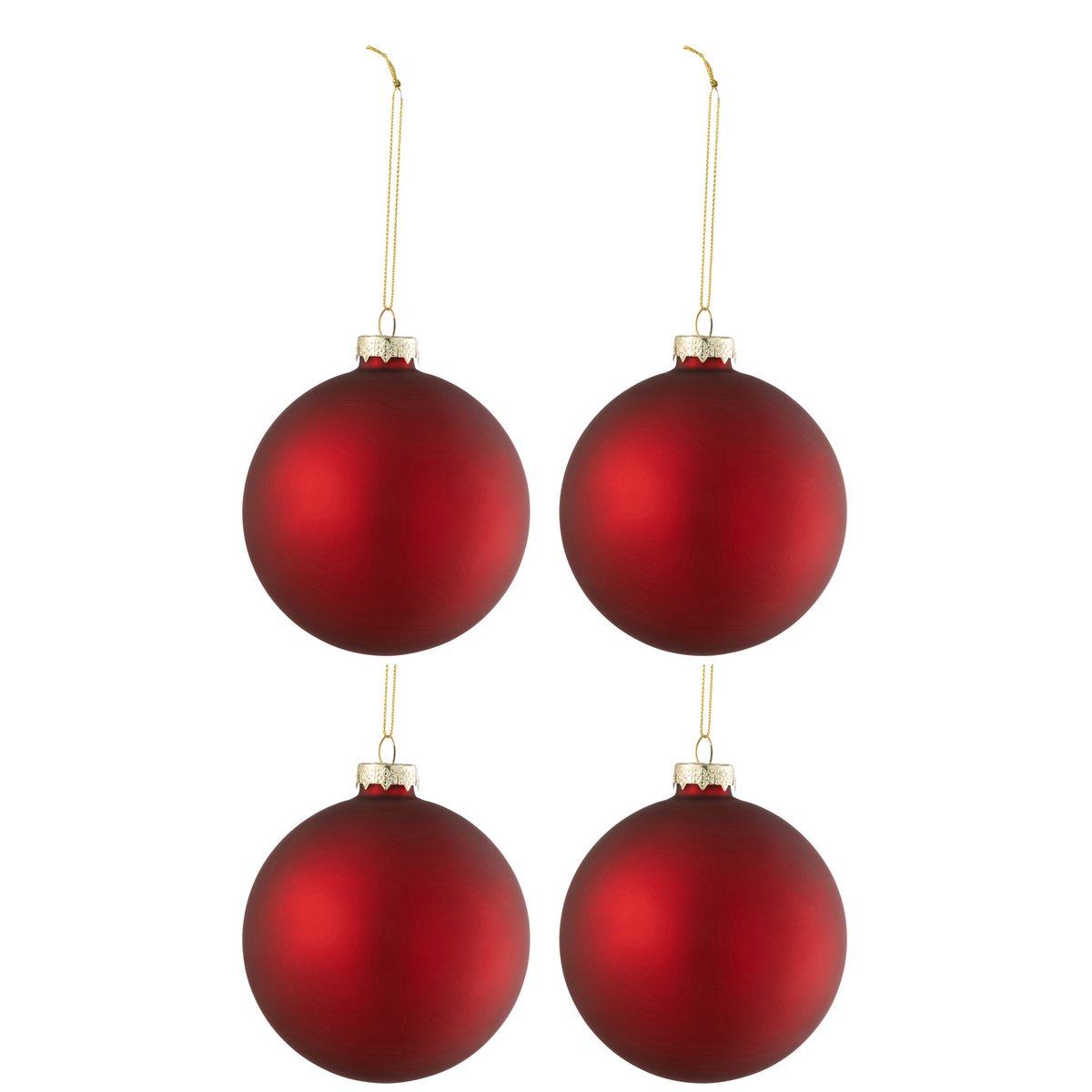 Ensemble de quatre boules de Noël J-Line rouges dans leur boîte