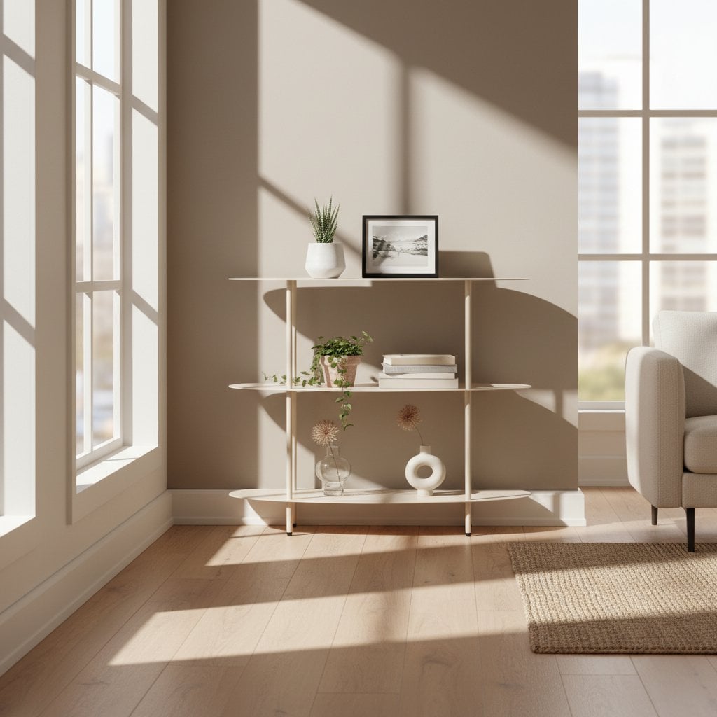 Détail de l'étagère blanc cassé en fer avec décorations et plantes