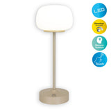 Batterie à LED / lampe de table "Pina" de 30 cm de haut, en métal (beige) et en verre (blanc), LED intégrés, blanc chaud
