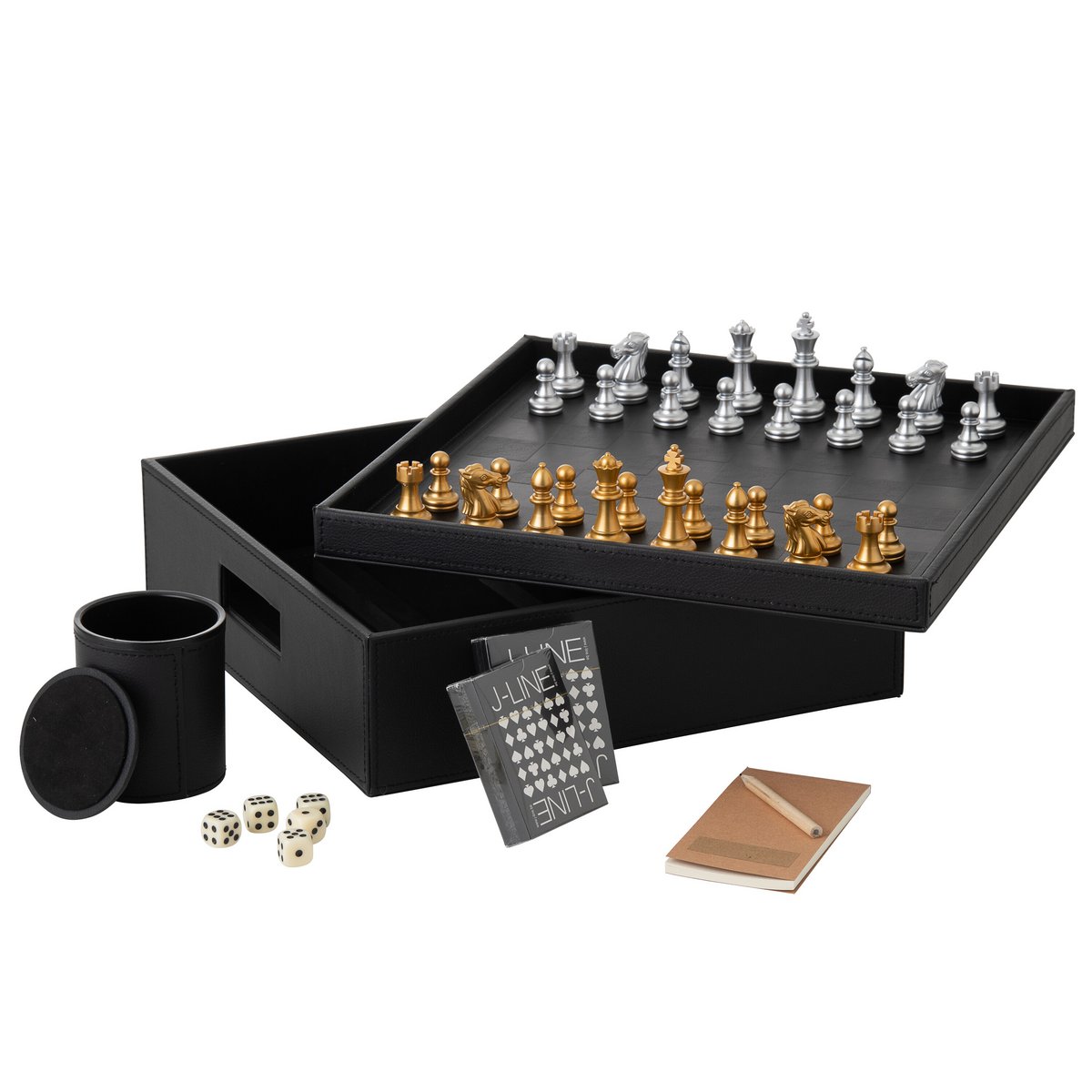 Coffret J-Line ouvert montrant les jeux de cartes et d'échecs