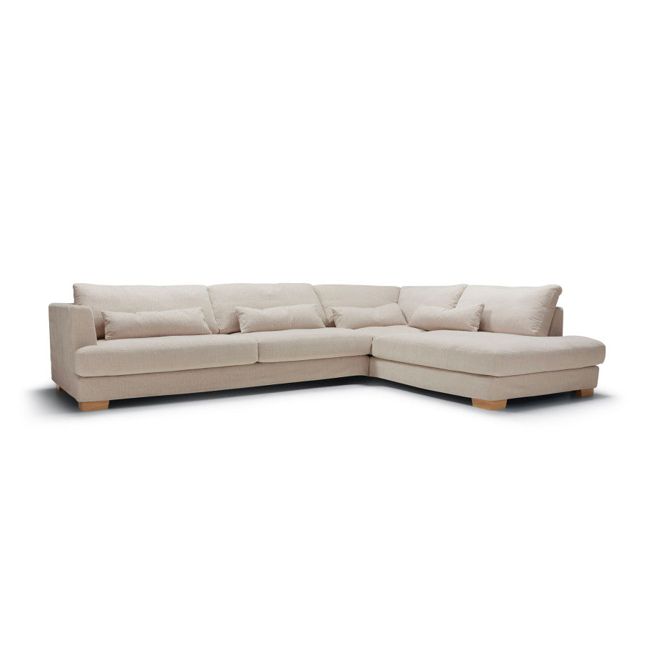 Canapé d'angle Brandon en tissu chenille avec pieds en bois, vue d'ensemble