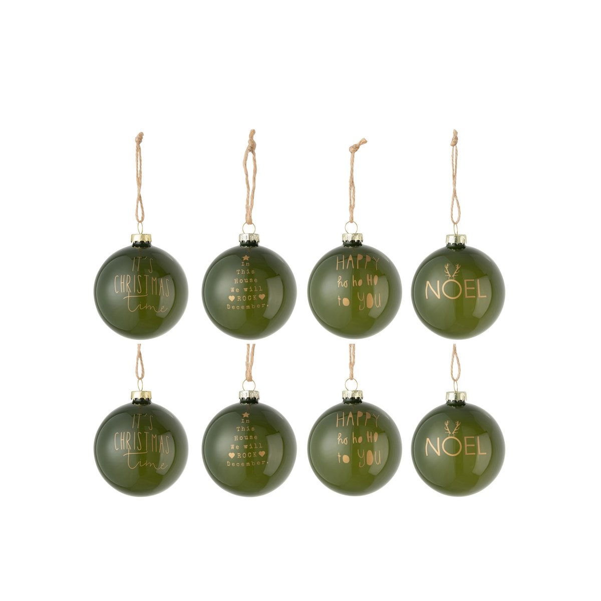 Boules de Noël J-Line en verre vert, lot de 8, sur fond blanc
