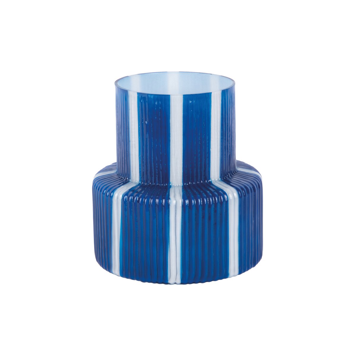 Vase rétro en verre à rayures bleues, vue de face