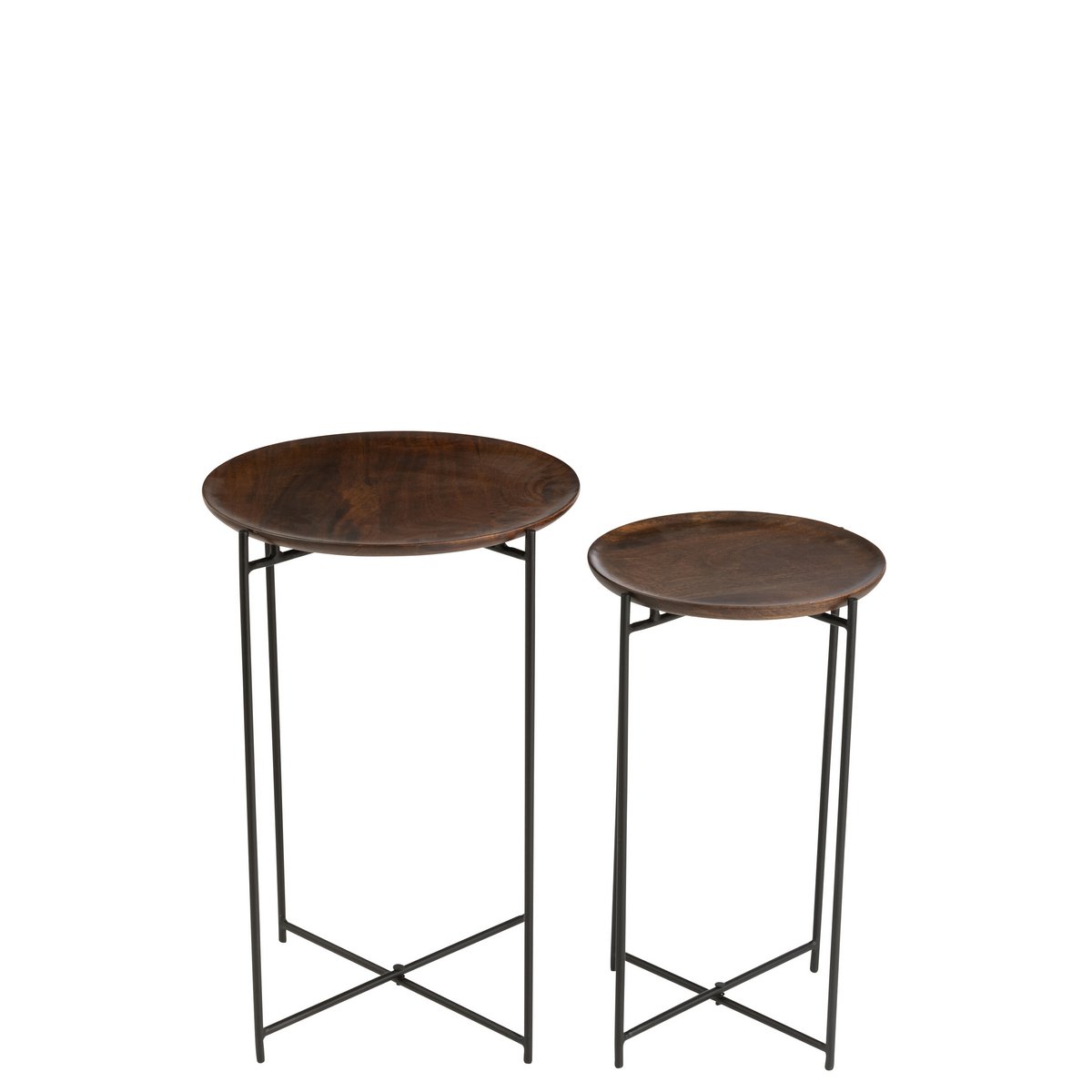 Vue rapprochée des tables d'appoint rondes J-Line en bois et métal