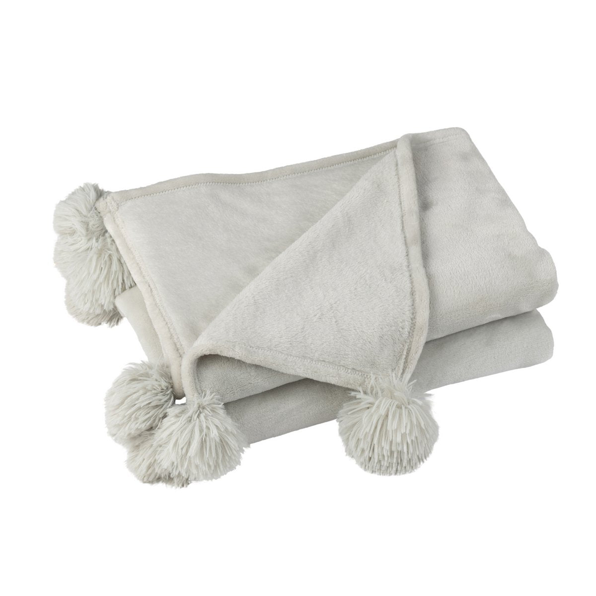 Plaid Pompon J-Line en polyester gris clair sur un canapé