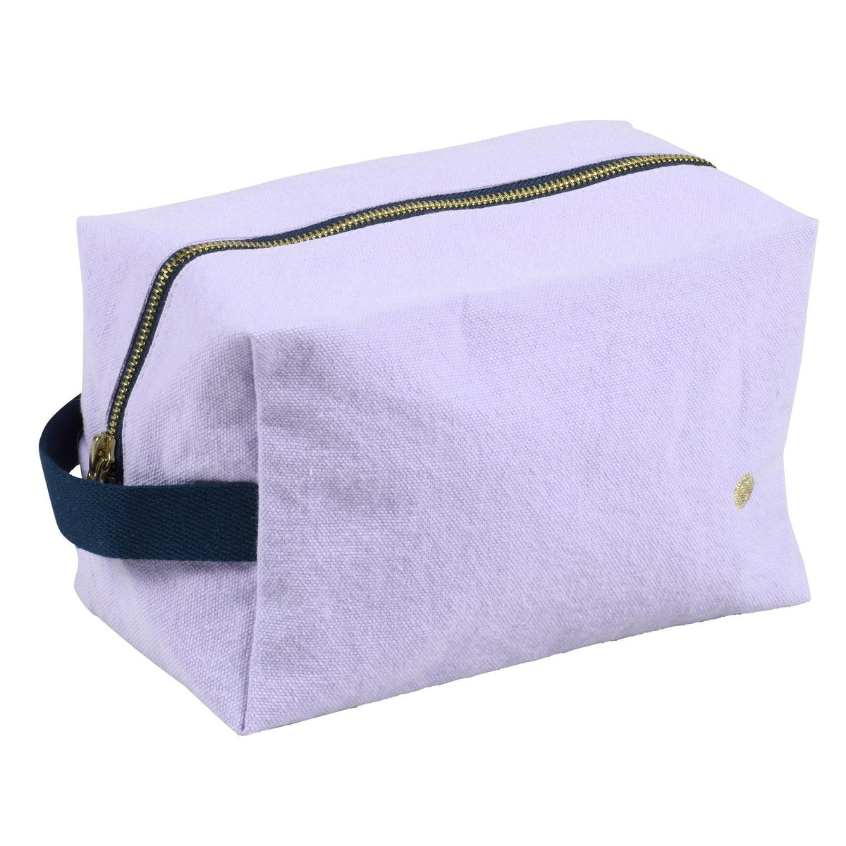 Trousse cube Iona Lilas vue de face, en coton biologique avec doublure imperméable
