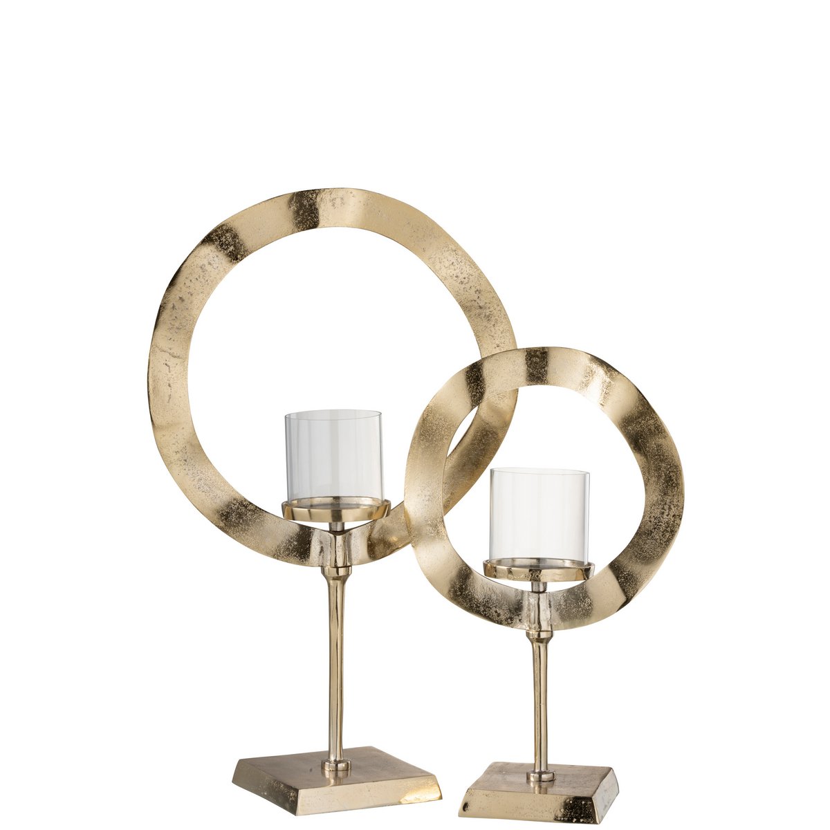 Lanterne J-Line en aluminium doré avec base ronde, vue de face.