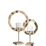 Lanterne J-Line en aluminium doré avec base ronde, vue de face.