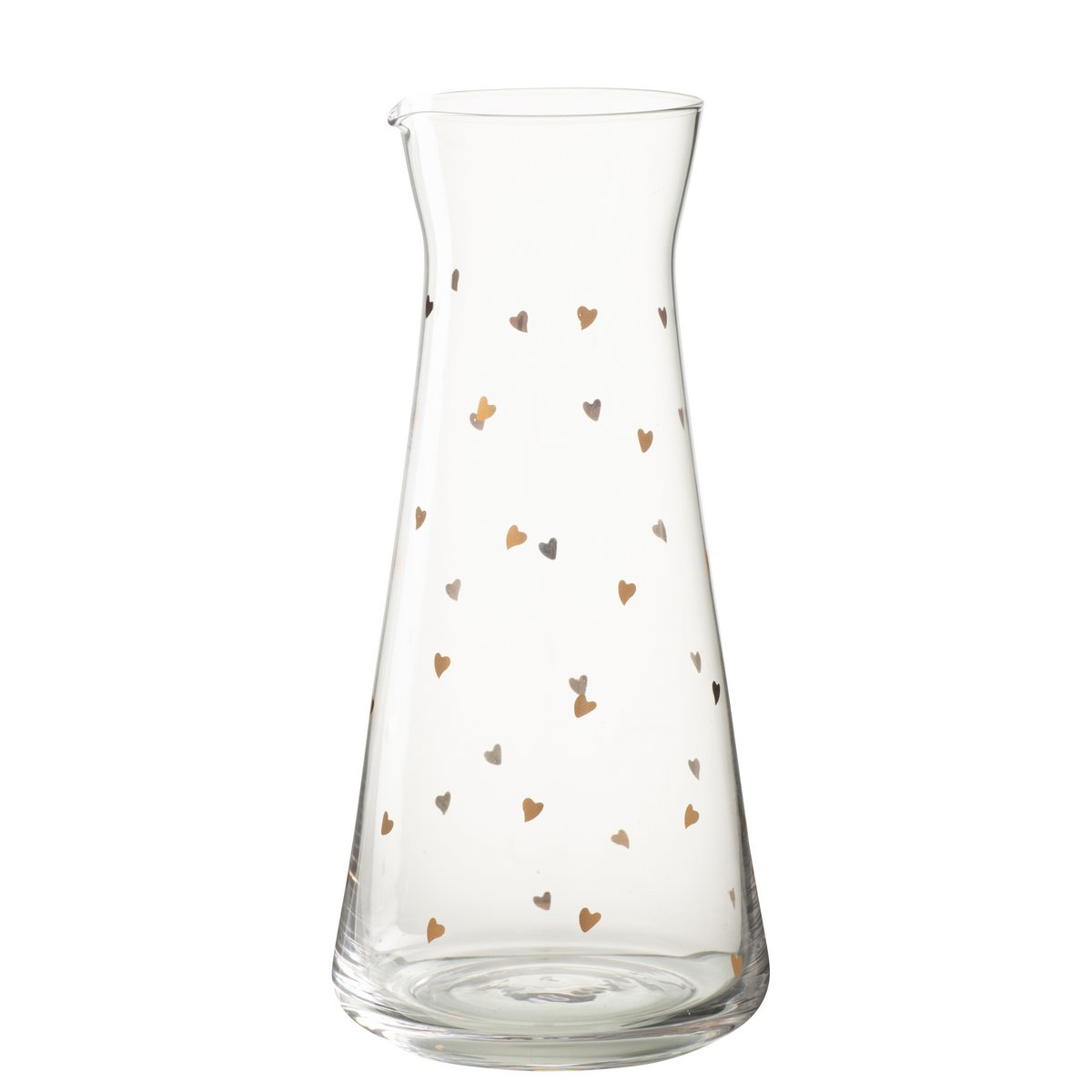 Carafe J-Line Coeur en verre transparent avec accents dorés, élégante et fonctionnelle.