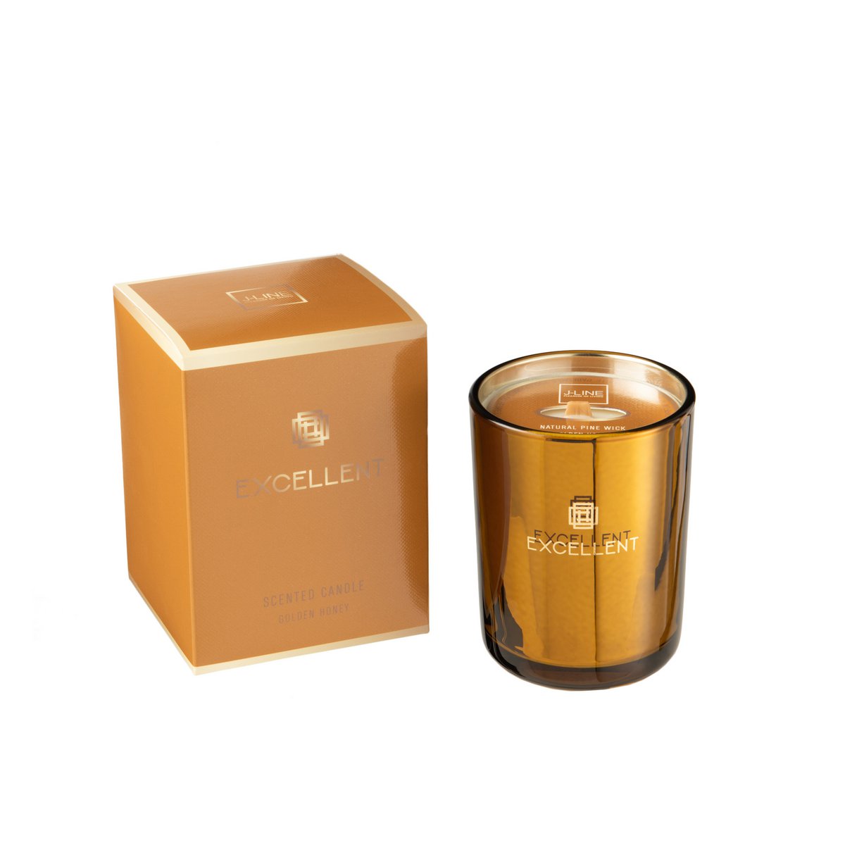 Bougie parfumée J-Line Excellent en verre ocre, vue de face