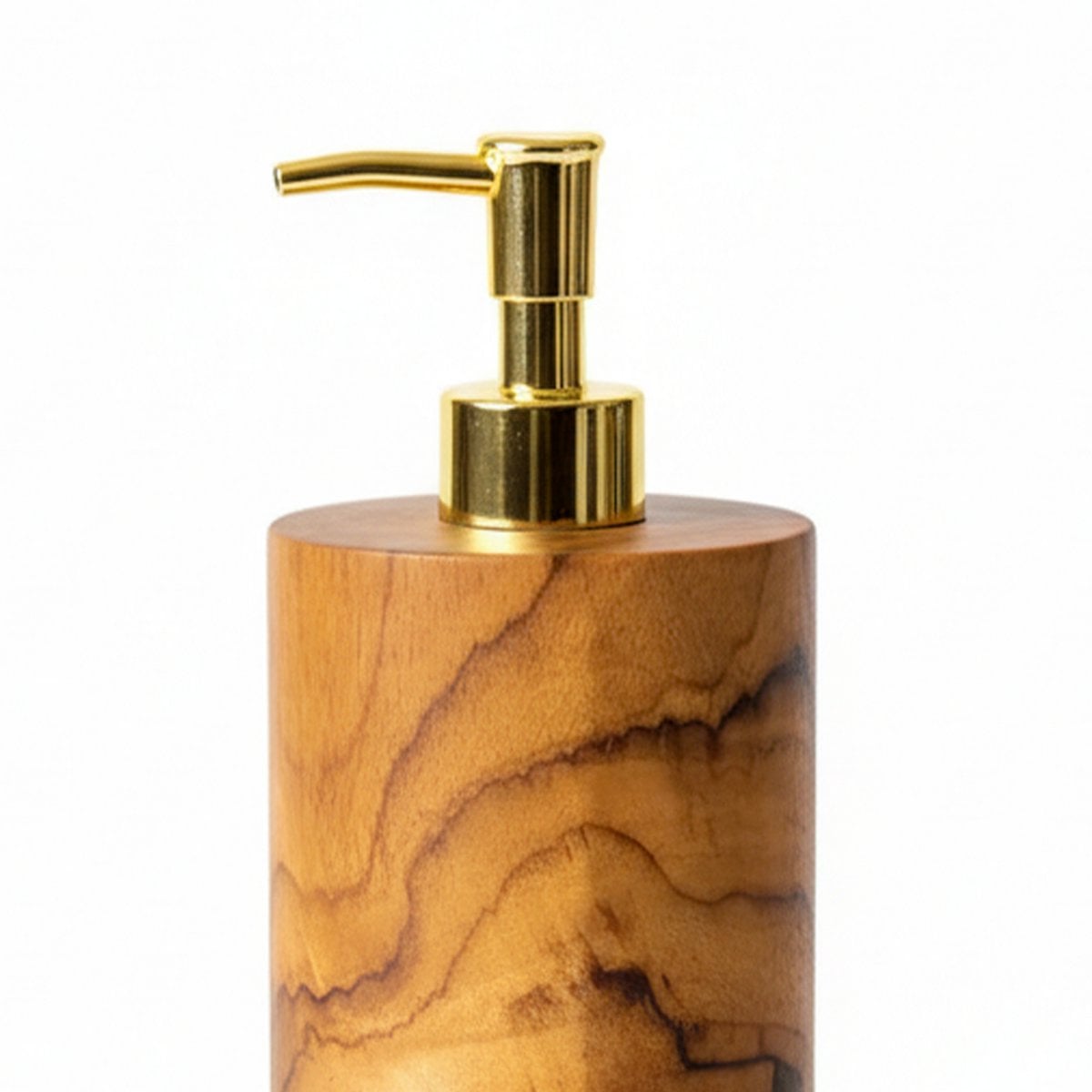 Distributeur de savon en bois naturel avec pompe dorée, vue de face