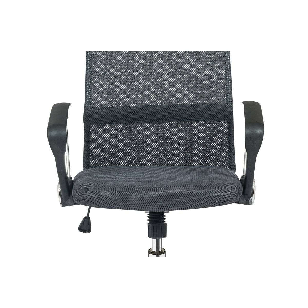 Détail des roues en nylon de la chaise de bureau grise