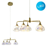 LED PENDANT LAMP 5-FLAME "Varna", lampe pendentielle en métal de couleur en laiton et en verre d'iris, LED fermement intégré, 50 cm de diamètre, éclairage élégant pour le salon, la salle à manger ou le couloir