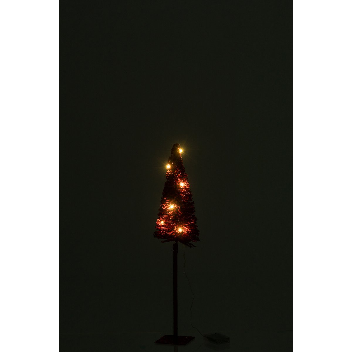 Détail du sapin de Noël J-Line rouge montrant les lumières LED allumées