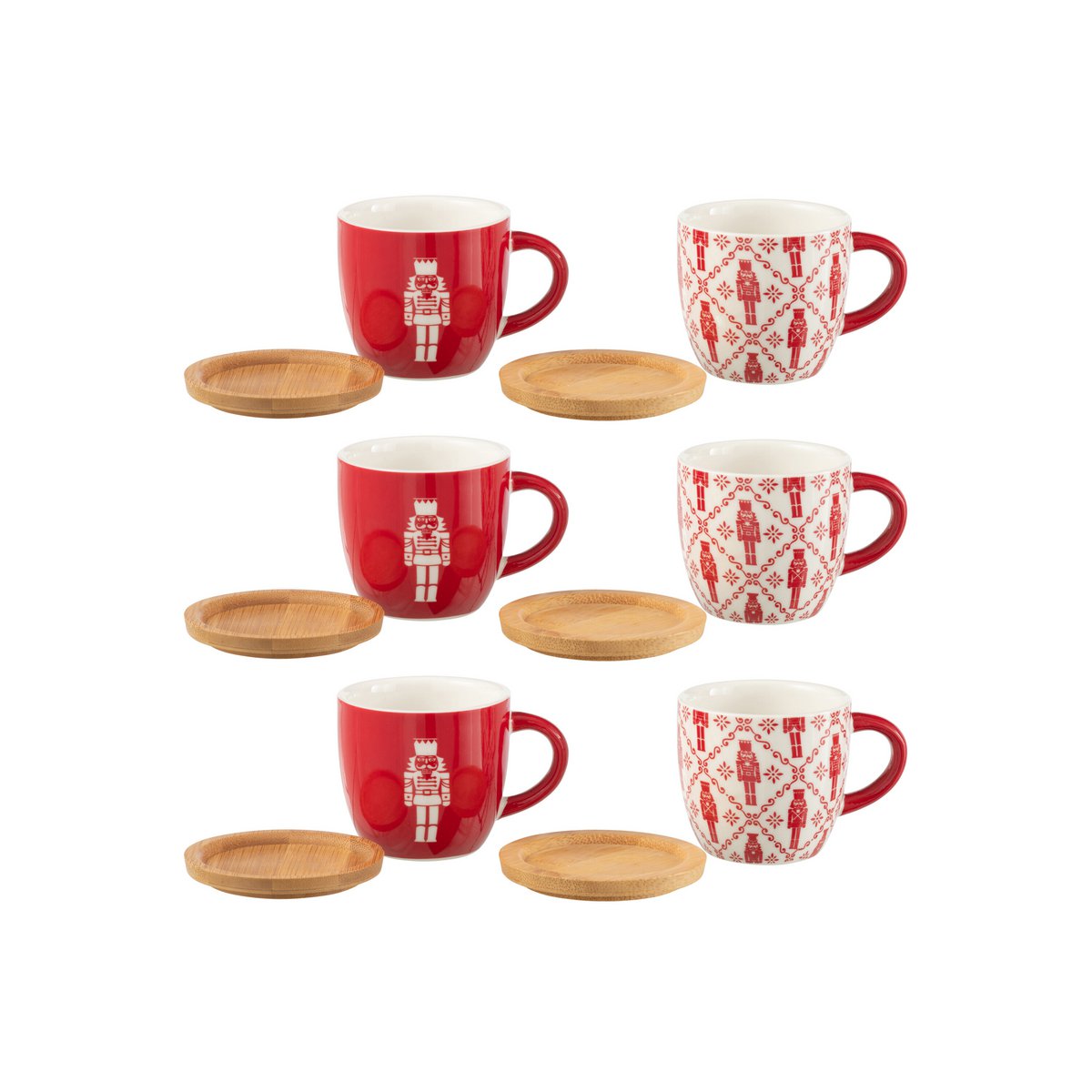 Tasses et soucoupes J-Line Casse-Noisette - bambou/céramique - rouge - lot de 6