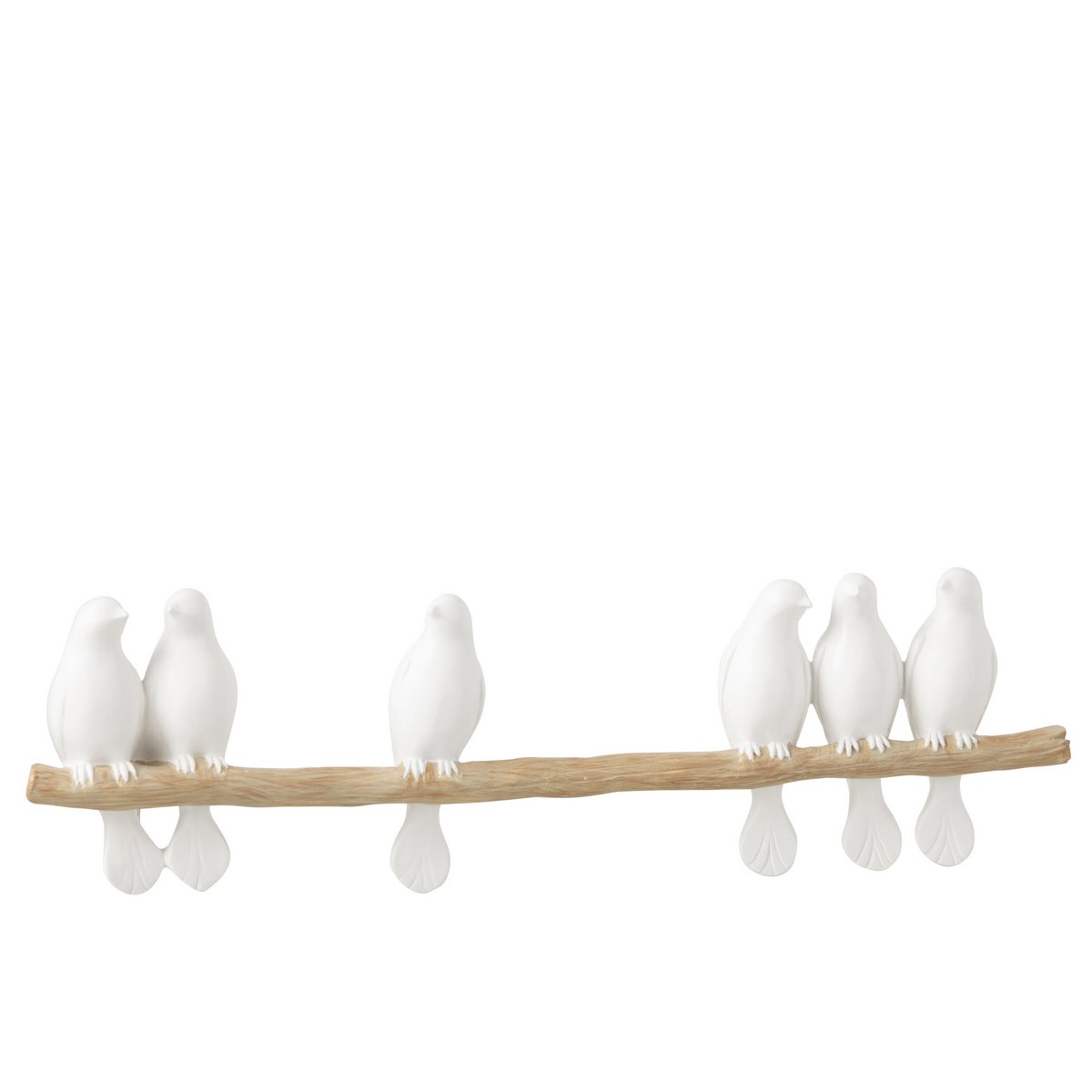Détail des oiseaux en polyresin sur branche, mettant en avant les couleurs blanc et naturel.