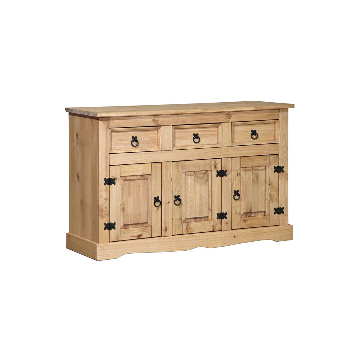 Buffet rustique en bois massif avec finition miel et détails en métal noir.