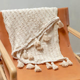 Couverture Boho en coton beige avec pompons, 110x200 cm