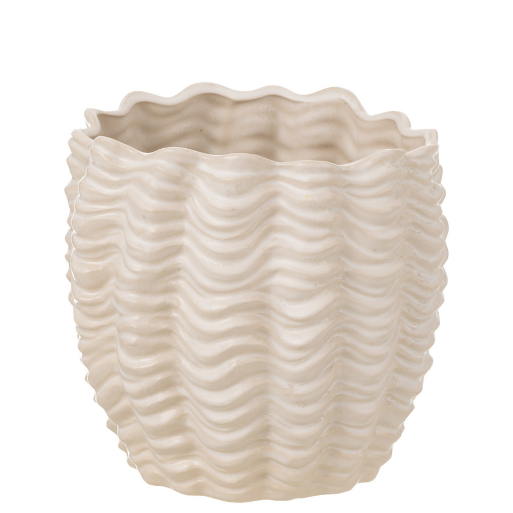 Pot de fleurs Shell en céramique beige, vue de face avec détails de texture